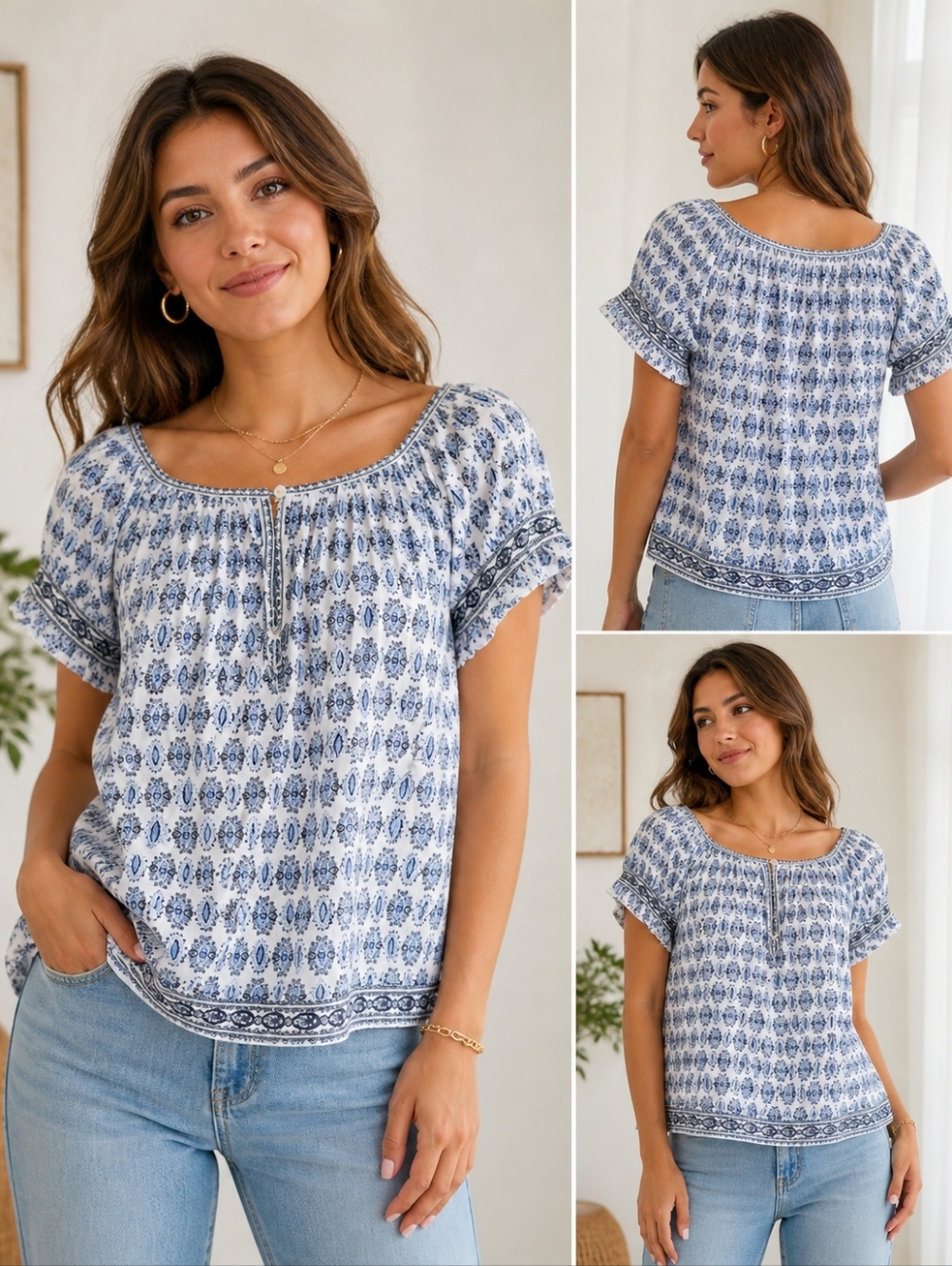 Max Studio Blue and White  Peasant Blouse